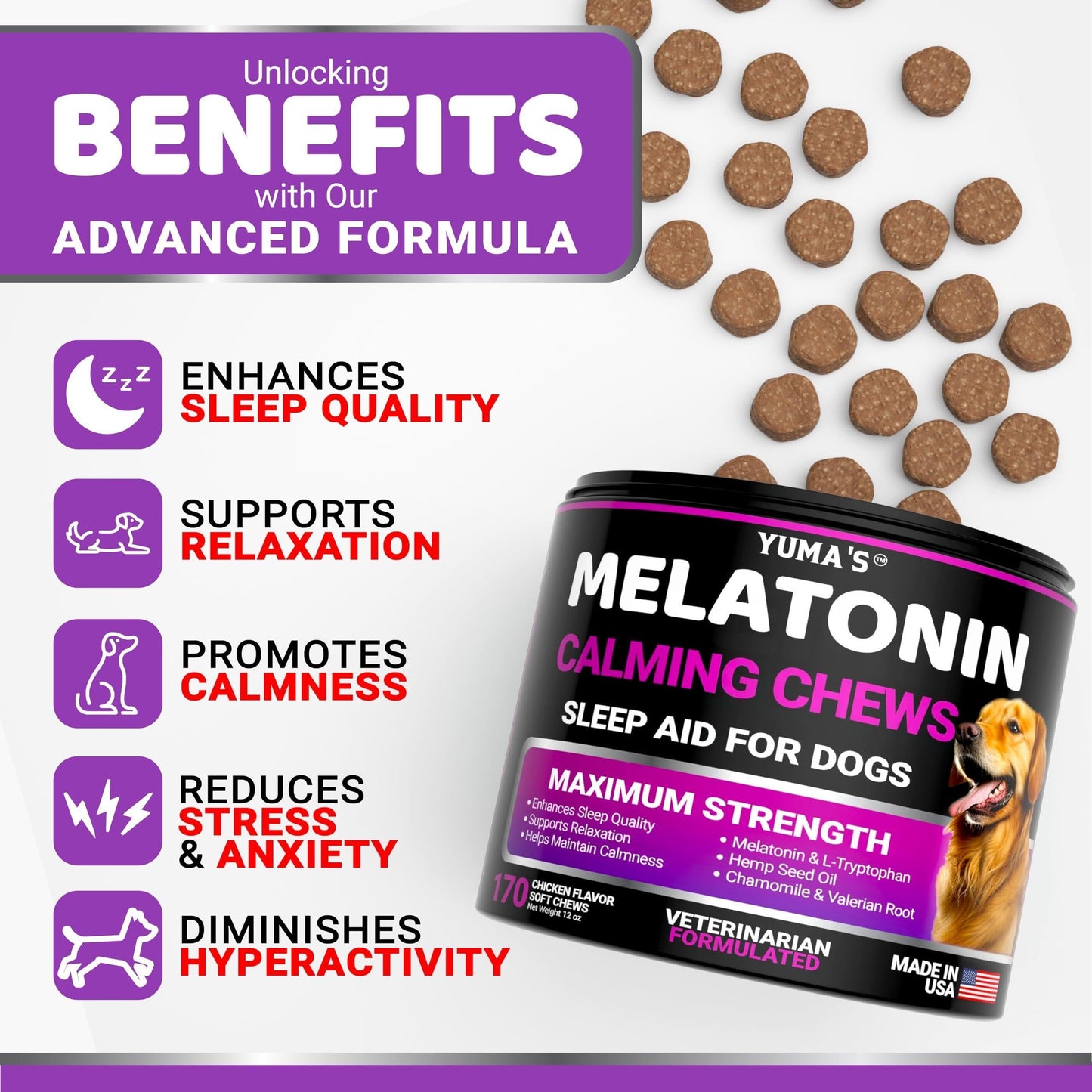 Soothing Melatonin Calming Chews for Dogs - 170 Chews for Stress and Anxiety Relief