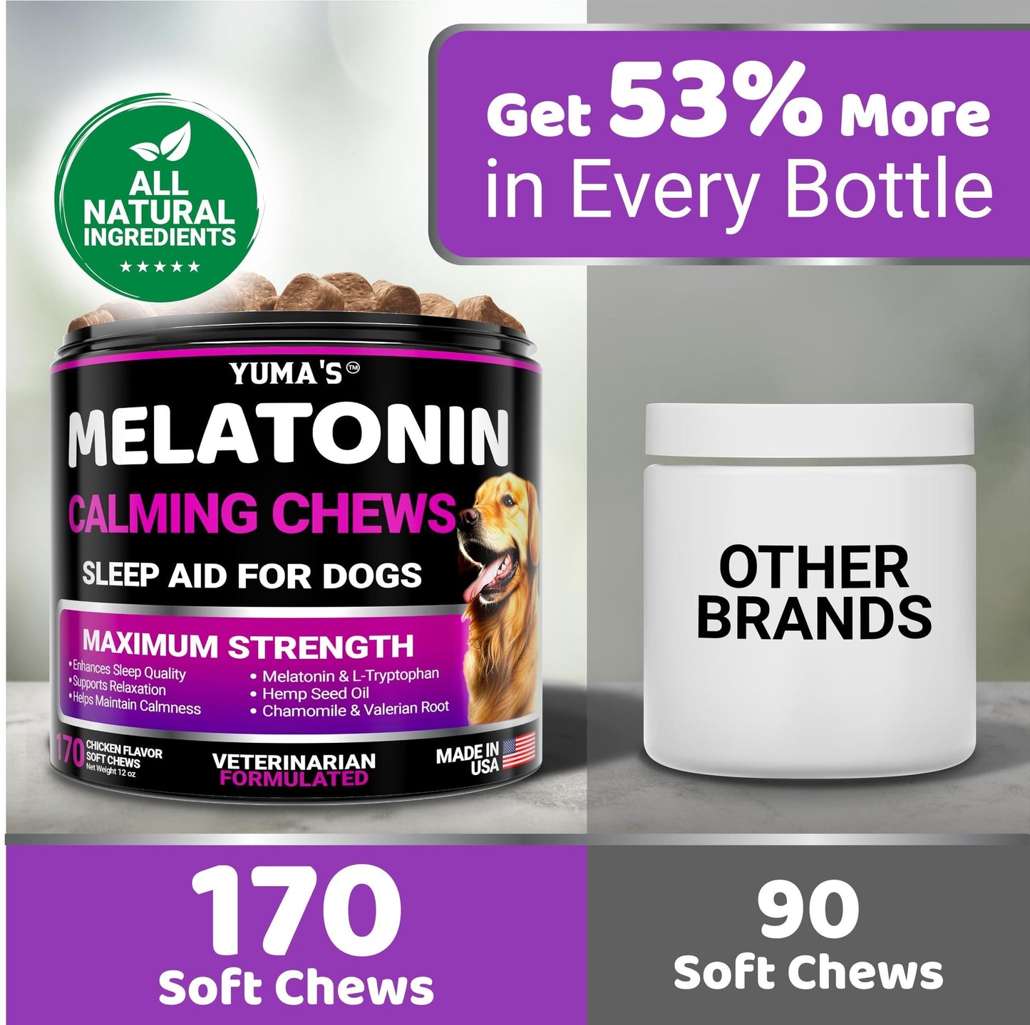 Soothing Melatonin Calming Chews for Dogs - 170 Chews for Stress and Anxiety Relief