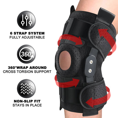 Hinged Knee Brace with Side Stabilizers Adjustable Knee Compression Sleeve Relieves Meniscus Tear,Acl,Mcl,Knee Support and Knee Pain Relief,Men & Women - Black One Size Fits Most